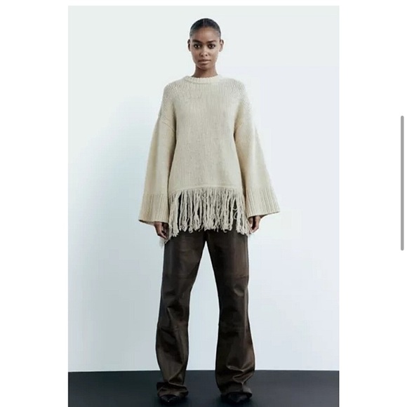 Zara Sweaters - Zara Ecru Fringed 100% Wool Sweater Size M